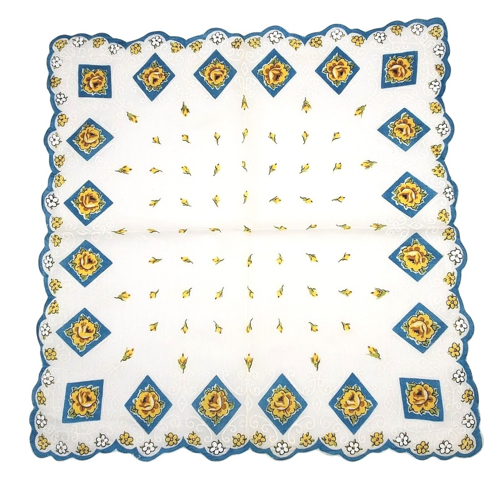 VTG Floral Yellow Rose Handkerchief Hand Rolled Scalloped Edge‎ Womans Hankie